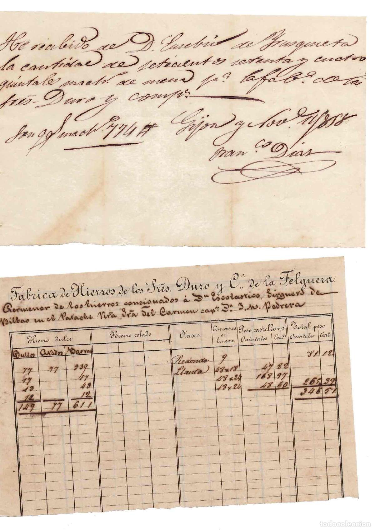 Facturas antiguas: FACTURA Y RECIBO FABRICA DE HIERROS DE LOS SRES. DURO Y CIA. DE LA FELGUERA, GIJON 1858