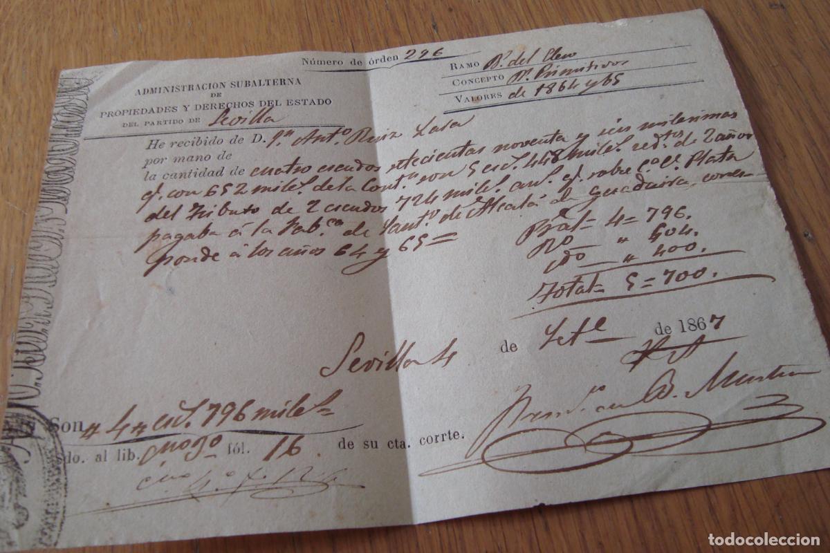 Facturas antiguas: ANTIGUO RECIBO ADMINISTRACION SUBALTERNA.ANTONIO RUIZ LARA.FABRICA ALCALA GUADAIRA. EN SEVILLA 1867