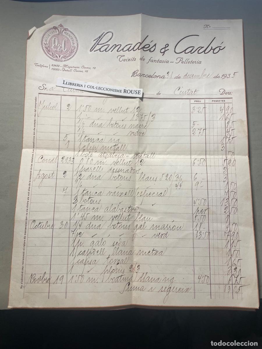 Facturas antiguas: ANTIGUA FACTURA - PANAD&Eacute;S & CARB&Oacute; - teixits de fantasia - pelleteria - BARCELONA C. CARMEN 12 - 1935