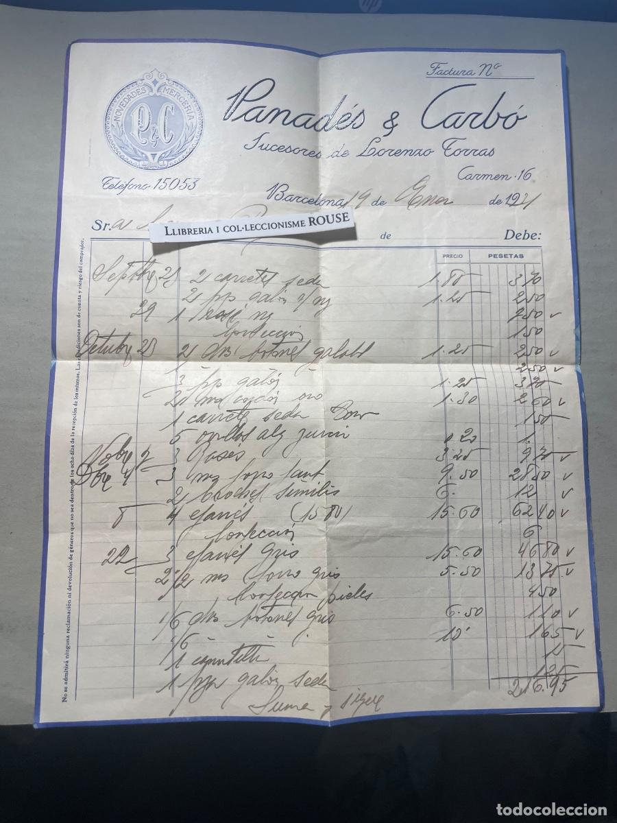 Facturas antiguas: ANTIGUA FACTURA - PANAD&Eacute;S & CARB&Oacute; sucesores de Lorenzo Torras - BARCELONA C. CARMEN 16 - 1931