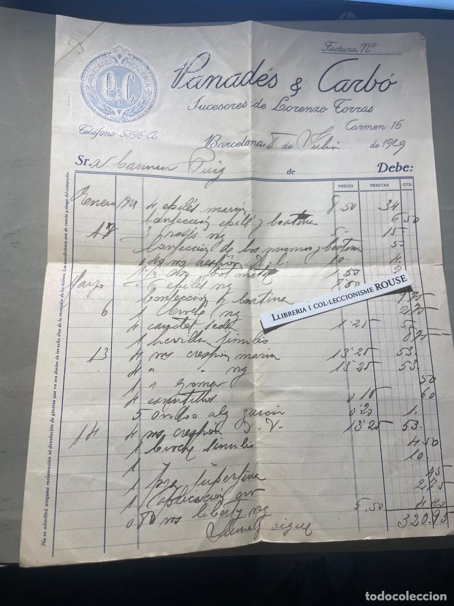 Facturas antiguas: ANTIGUA FACTURA - PANAD&Eacute;S & CARB&Oacute; sucesores de Lorenzo Torras - BARCELONA C. CARMEN 16 - 1929