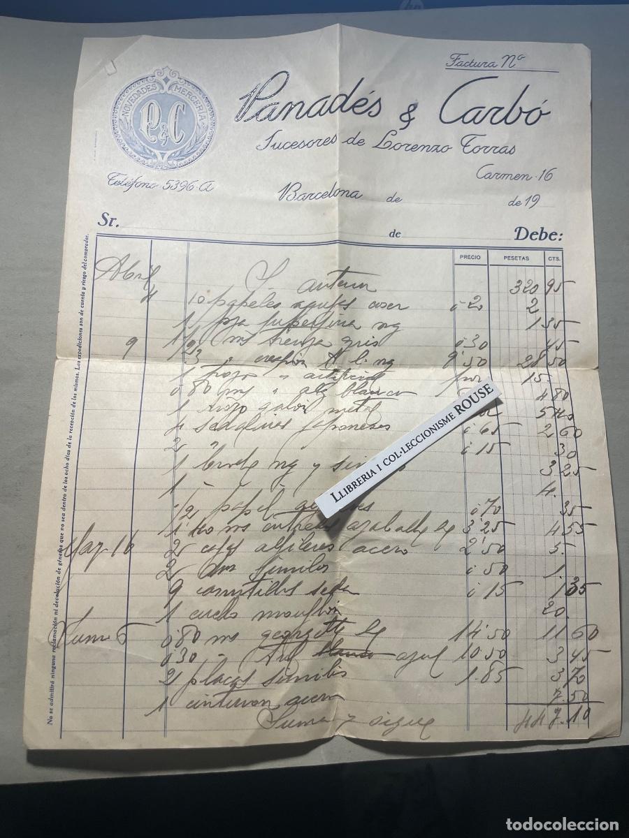 Facturas antiguas: ANTIGUA FACTURA - PANAD&Eacute;S & CARB&Oacute; sucesores de Lorenzo Torras - BARCELONA C. CARMEN 16 - 19..