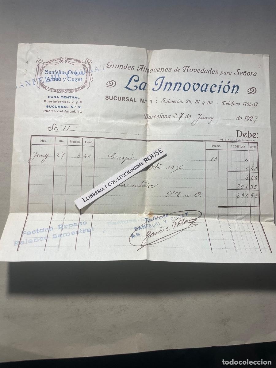 Facturas antiguas: ANTIGUA FACTURA - BARCELONA .1927 '' LA INNOVACI&Oacute;N '' SANFELIU, OROMI,ARNAUY CUGAT GRANDES ALMACENES