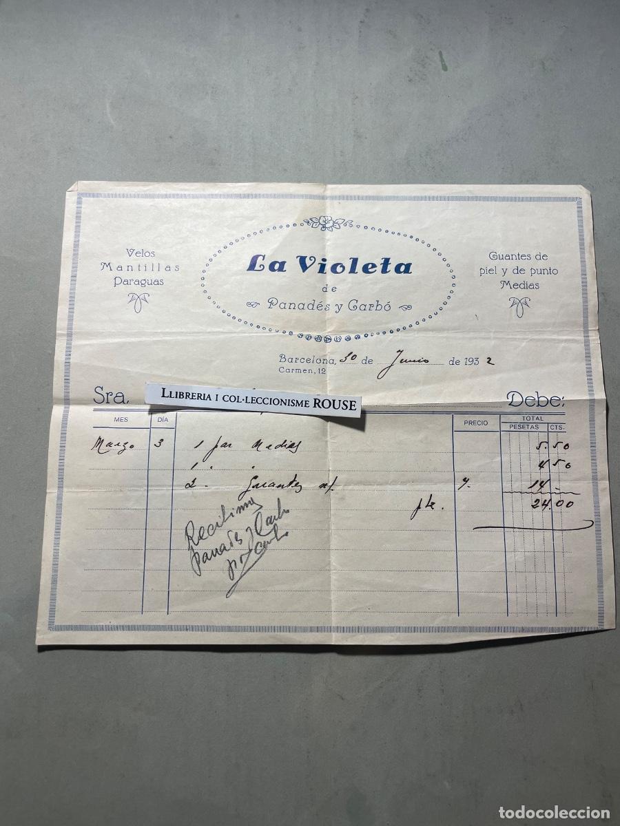Factures anciennes: ANTIGUA FACTURA - 1932 - ''LA VIOLETA'' DE PANAD&Eacute;S Y CARB&Oacute; C. CARMEN N&ordm; 12 VELOS , MANTILLAS , PARAG