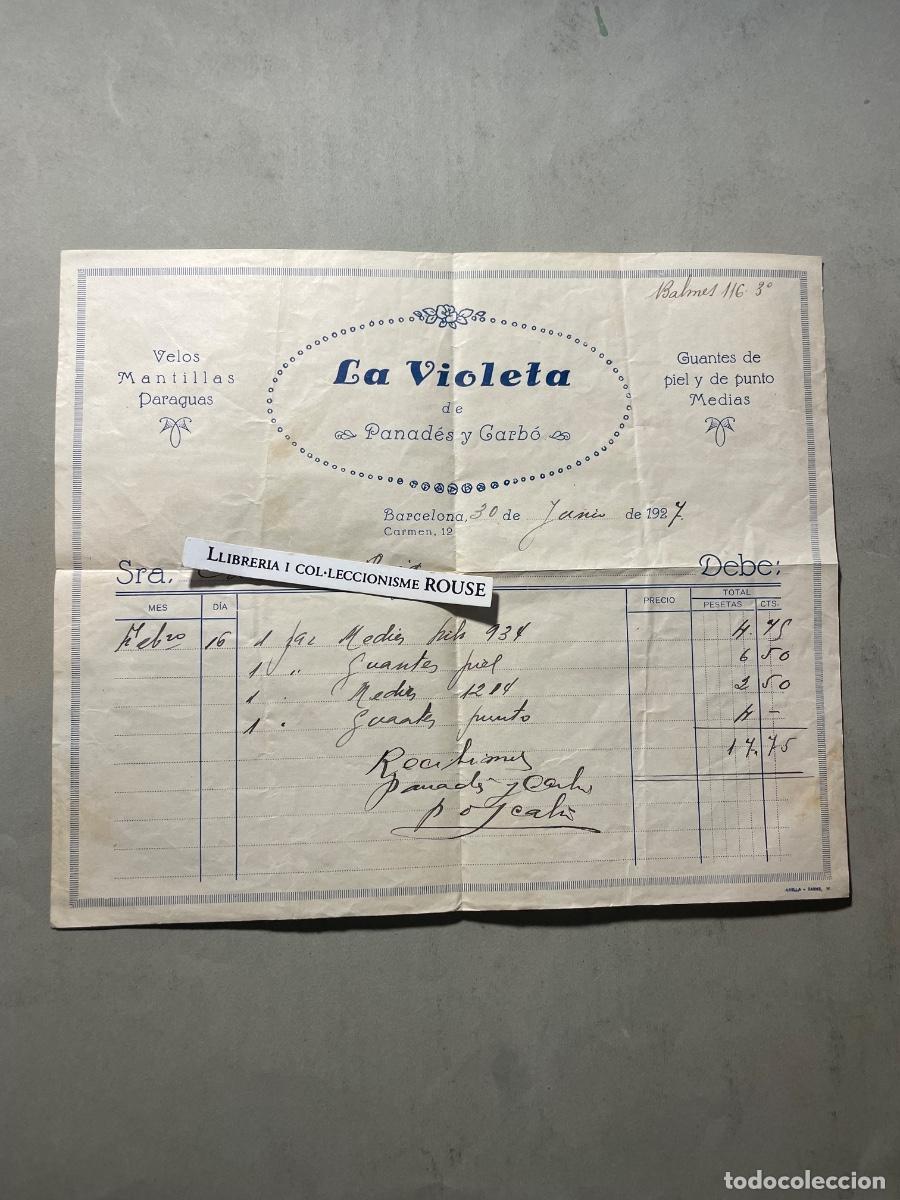 Facturas antiguas: ANTIGUA FACTURA - 1927 - ''LA VIOLETA'' DE PANAD&Eacute;S Y CARB&Oacute; C. CARMEN N&ordm; 12 VELOS , MANTILLAS , PARAG