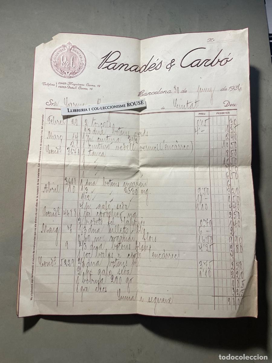 Facturas antiguas: ANTIGUA FACTURA - 1936 - PANAD&Eacute;S & CARB&Oacute; - NOVETATS MERCERIA - BARCELONA C. CARMEN - 12-16.