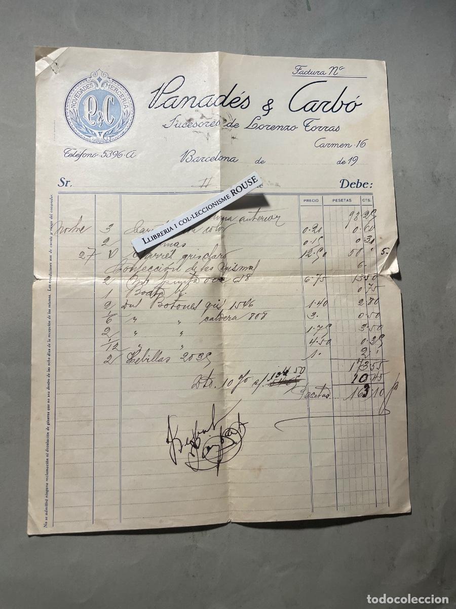 Facturas antiguas: ANTIGUA FACTURA - 192....- PANAD&Eacute;S & CARB&Oacute; - SUCESORES DE LORENZO TORRAS NOVEDADES MERCERIA - BARCEL