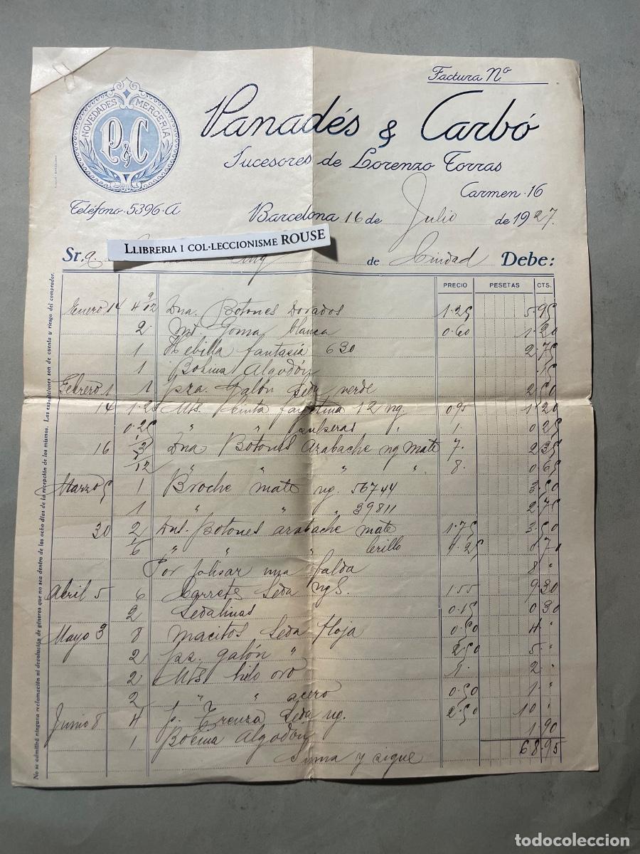 Facturas antiguas: ANTIGUA FACTURA - 1927- PANAD&Eacute;S & CARB&Oacute; - SUCESORES DE LORENZO TORRAS NOVEDADES MERCERIA - BARCEL