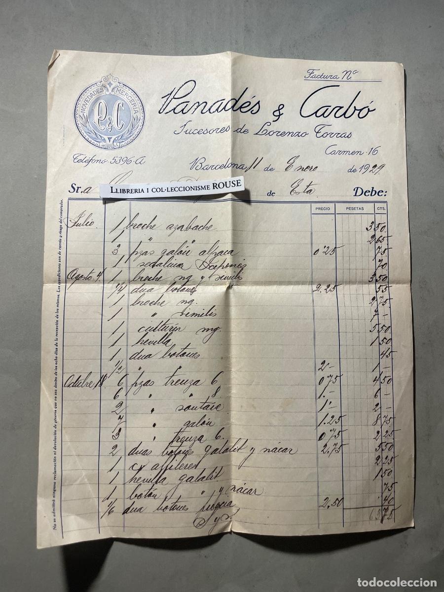 Facturas antiguas: ANTIGUA FACTURA - 1929- PANAD&Eacute;S & CARB&Oacute; - SUCESORES DE LORENZO TORRAS NOVEDADES MERCERIA - BARCEL