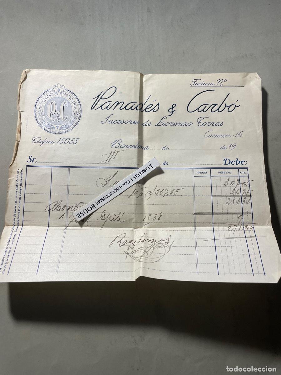 Facturas antiguas: ANTIGUA FACTURA - 192...- PANAD&Eacute;S & CARB&Oacute; - SUCESORES DE LORENZO TORRAS NOVEDADES MERCERIA - BARCEL