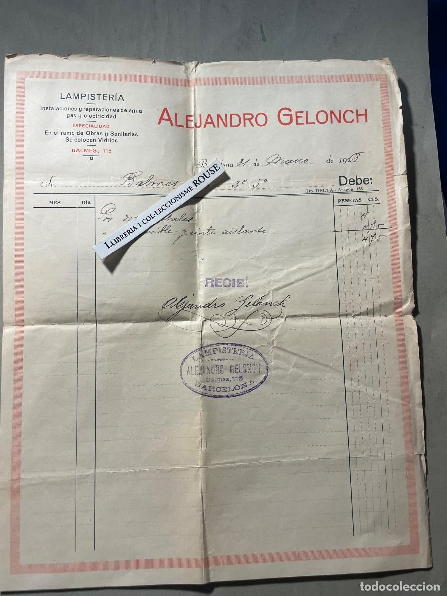 Facturas antiguas: ANTIGUA FACTURA - 1928 - ALEJANDRO GELONH - LAMPISTERIA - C. BALMES 118 - BARCELONA