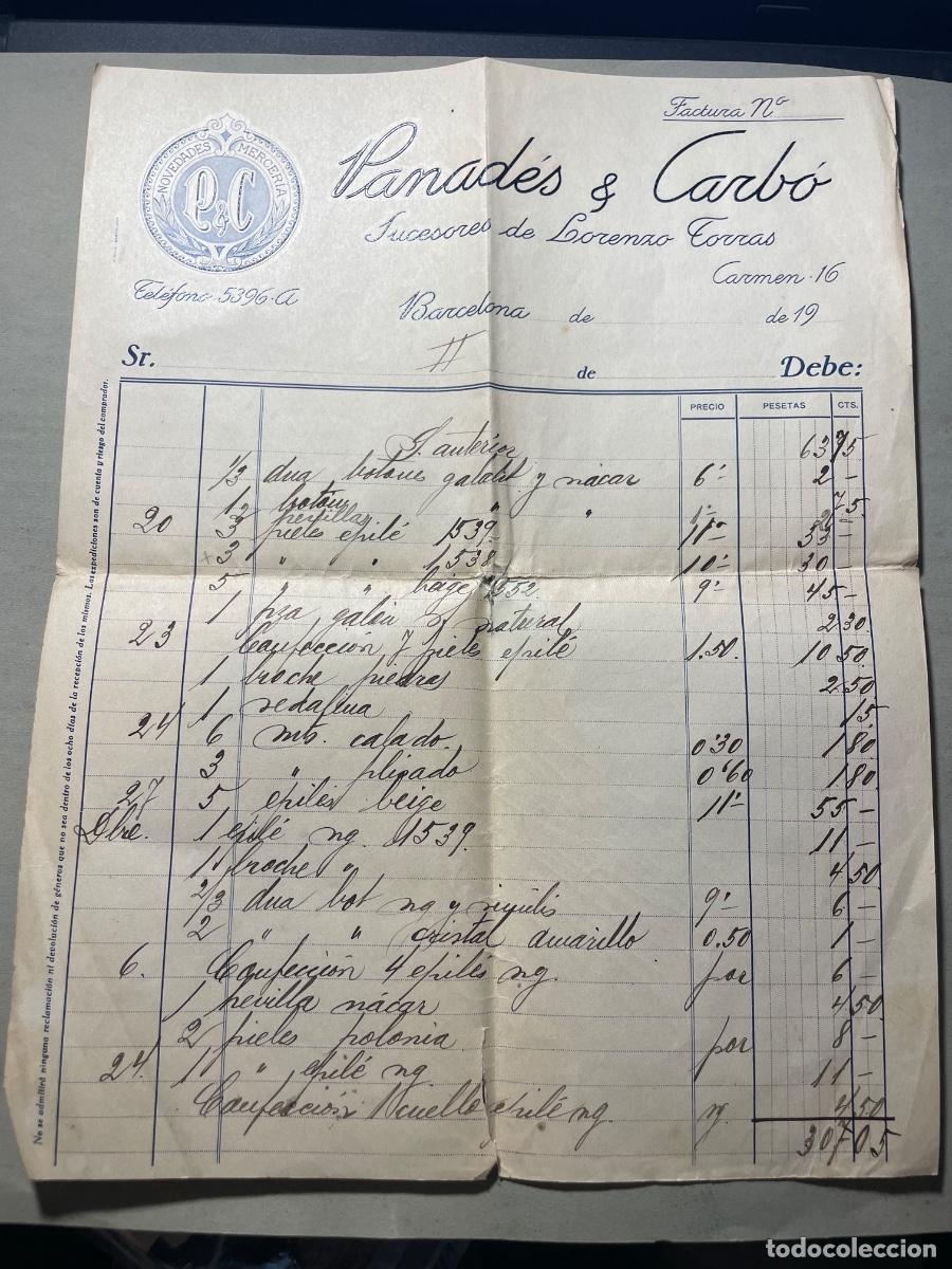 Facturas antiguas: ANTIGUA FACTURA - 192...- PANAD&Eacute;S & CARB&Oacute; - SUCESORES DE LORENZO TORRAS NOVEDADES MERCERIA - BARCEL