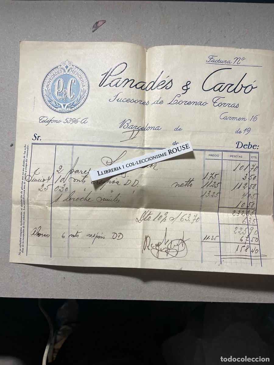 Facturas antiguas: ANTIGUA FACTURA - 192...- PANAD&Eacute;S & CARB&Oacute; - SUCESORES DE LORENZO TORRAS NOVEDADES MERCERIA - BARCEL