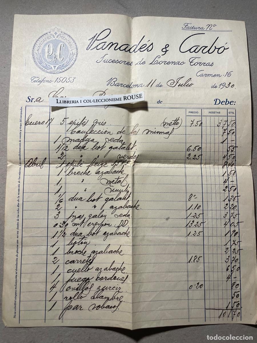 Facturas antiguas: ANTIGUA FACTURA - 1930- PANAD&Eacute;S & CARB&Oacute; - SUCESORES DE LORENZO TORRAS NOVEDADES MERCERIA - BARCEL