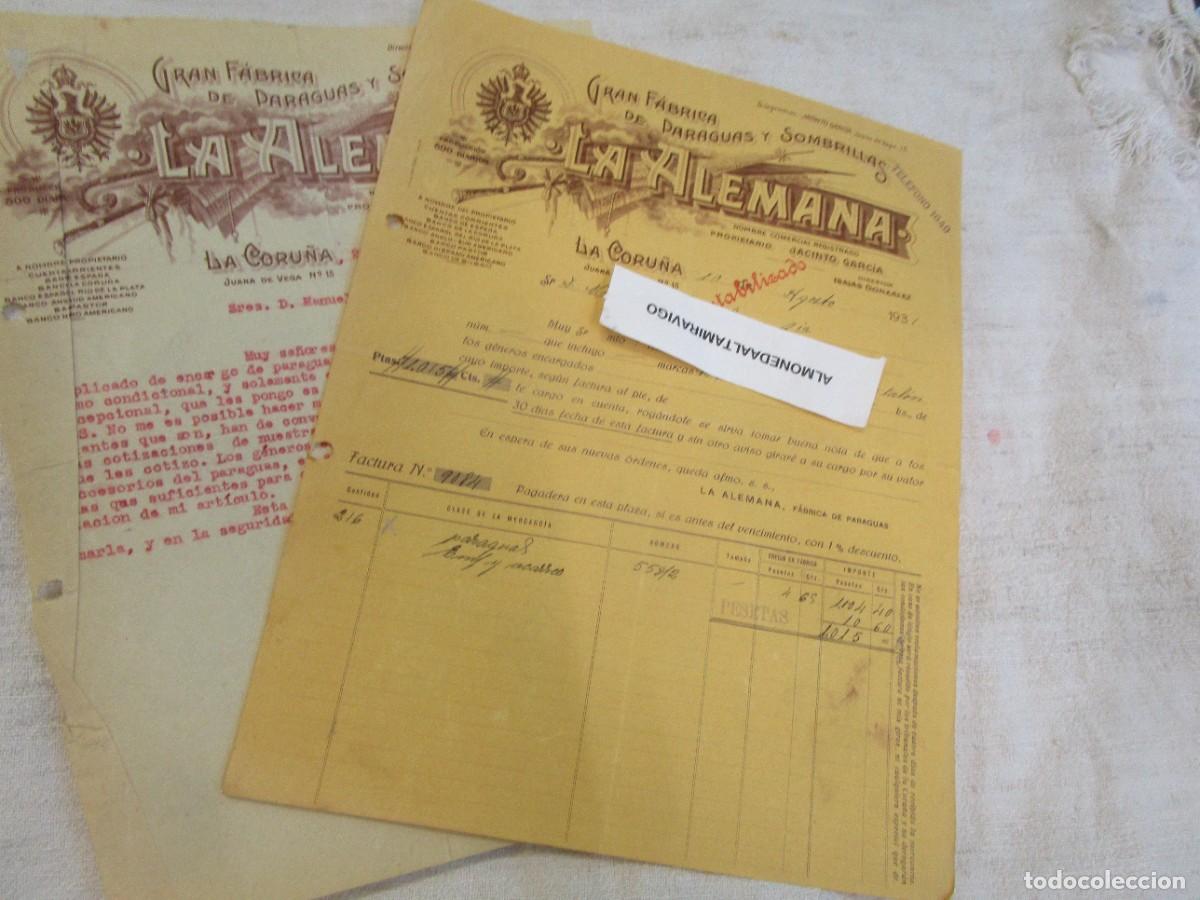 Facturas antiguas: LA CORU&Ntilde;A 1931 - DOS FACTURAS CARTAS &rdquo; LA ALEMANA &rdquo; FABRICA PARAGUAS Y SOBBRILLAS A ORENSE. +INFO