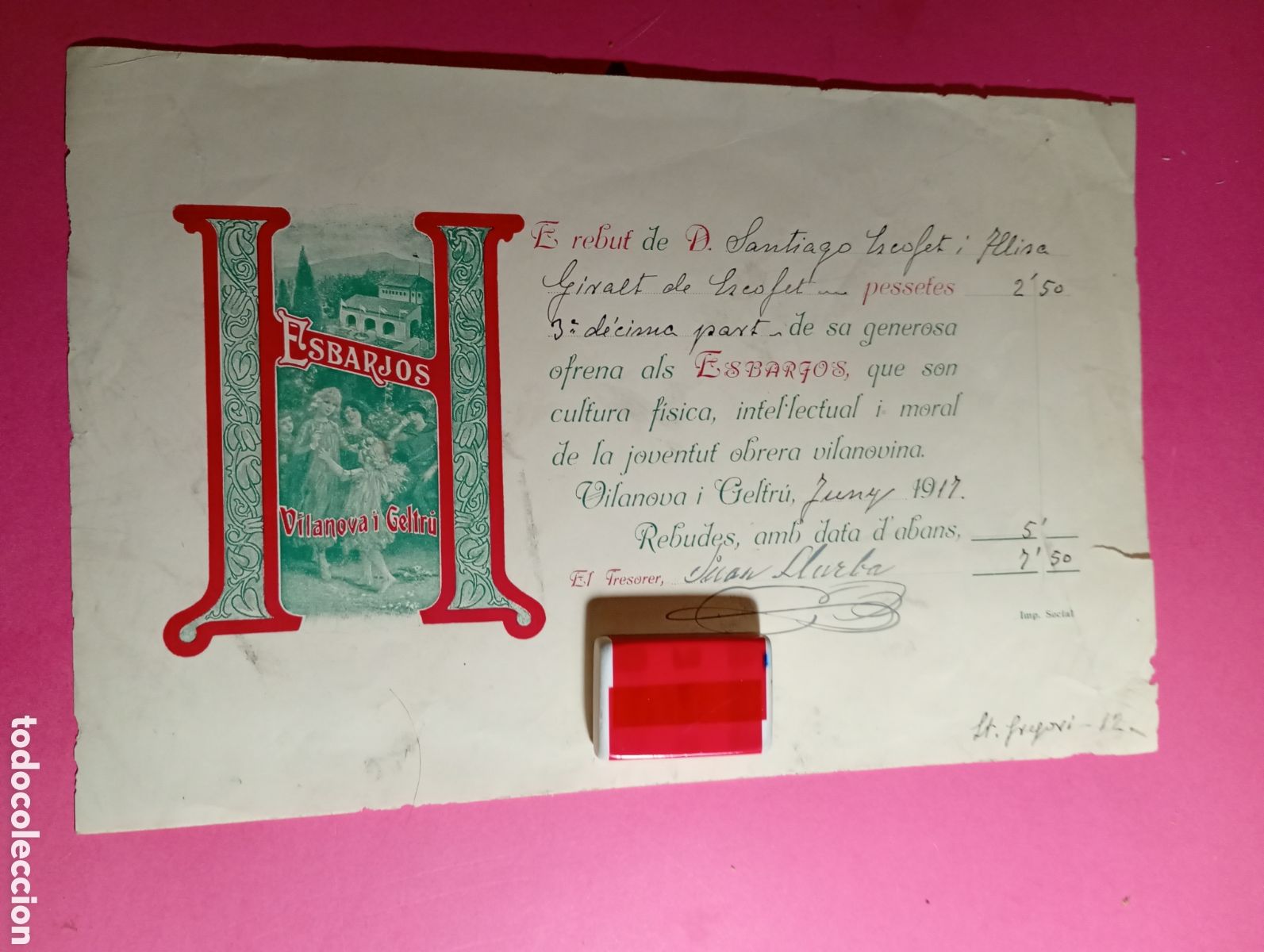 Facturas antiguas: VILANOVA I GELTR&Uacute; JUNY 1917 BONIC I TREBALLAT REBUT OFRENA ALS ''ESBARJOS'' JOVENTUT OBRERA CULTURA