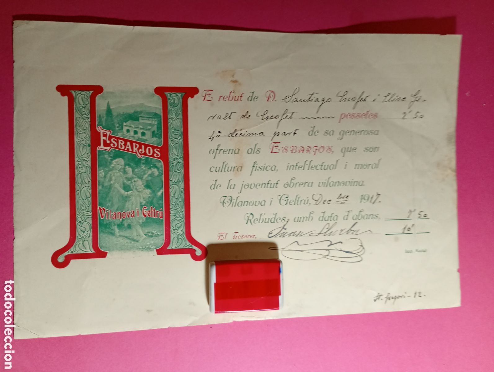 Facturas antiguas: VILANOVA I GELTR&Uacute; 12/1917 TREBALLAT REBUT OFRENA ALS ''ESBARJOS'' JOVENTUT OBRERA CULTURA 4&ordf; part
