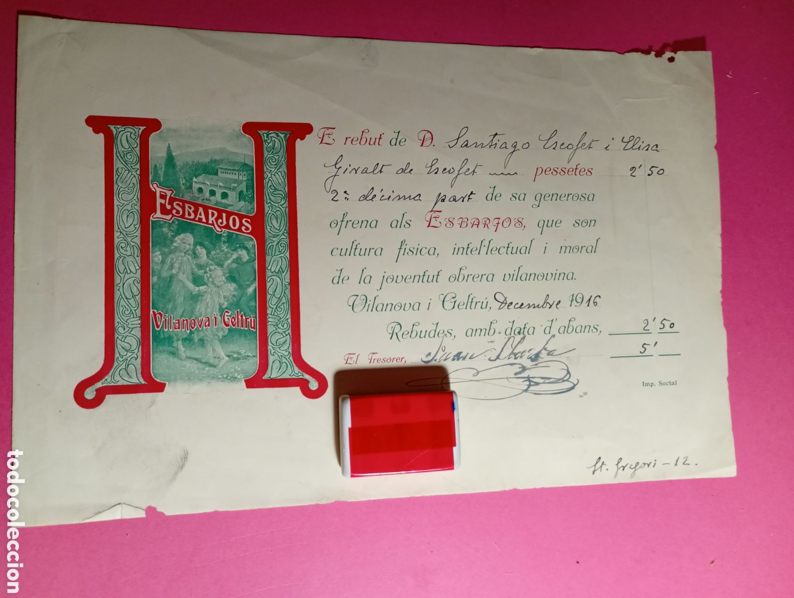 Facturas antiguas: VILANOVA I GELTR&Uacute; 12/1916 TREBALLAT REBUT OFRENA ALS ''ESBARJOS'' JOVENTUT OBRERA CULTURA 2&ordf; part