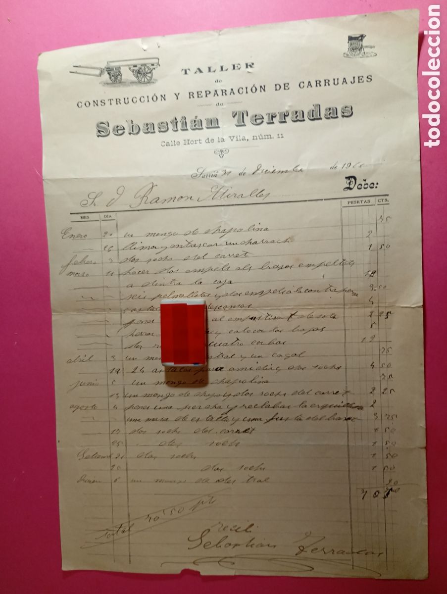 Facturas antiguas: SARR&Iacute;A 1911 TALLER DE CONSTRUCCI&Oacute;N Y REPARACI&Oacute;N DE CARRUAJES S. TERRADAS CALLE HORT DE LA VILA N&ordm; 11