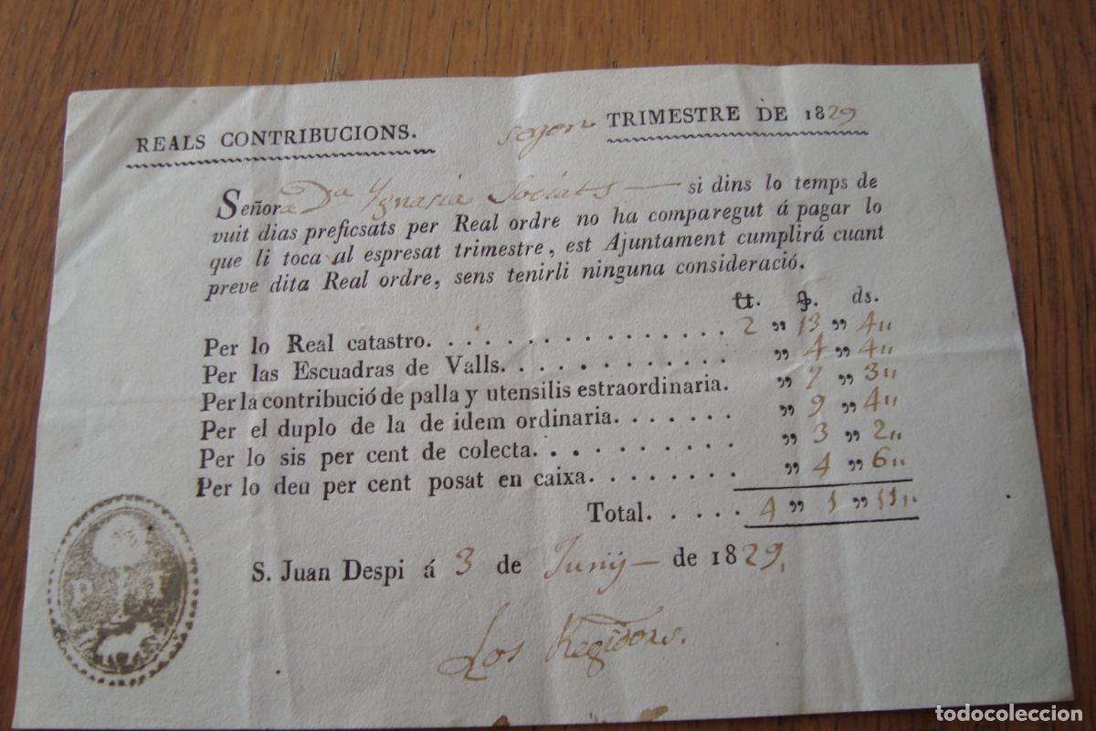 Facturas antiguas: ANTIGUO RECIBO REALS CONTRIBUCIONS AJUNTAMENT. SANT JOAN DESPI. SAN JUAN DESPI 1829. IGNASIA SOCIATS
