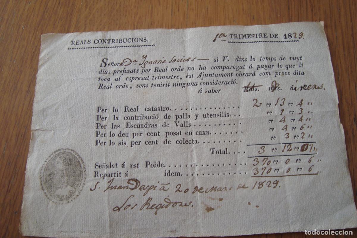 Facturas antiguas: ANTIGUO RECIBO REALS CONTRIBUCIONS AJUNTAMENT. SANT JOAN DESPI. SAN JUAN DESPI 1829. IGNASIA SOCIATS