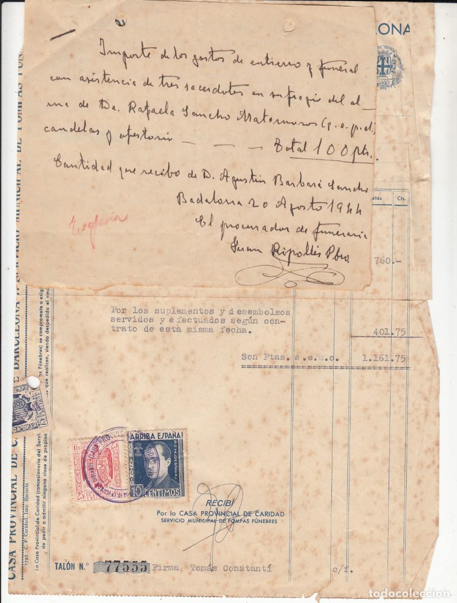 Facturas antiguas: 1944 - FACTURA GASTOS DE ENTIERRO EN BARCELONA Y RECIBO IGLESIA DE BADALONA -CON VI&Ntilde;ETA JOS&Eacute; ANTONI