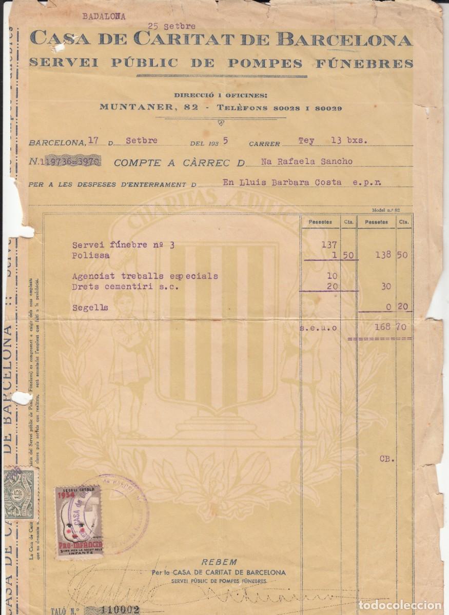 Facturas antiguas: 1936 - FACTURA GASTOS DE ENTIERRO EN BARCELONA CASA DE CARITAT CON VI&Ntilde;ETA PRO-INFANCIA