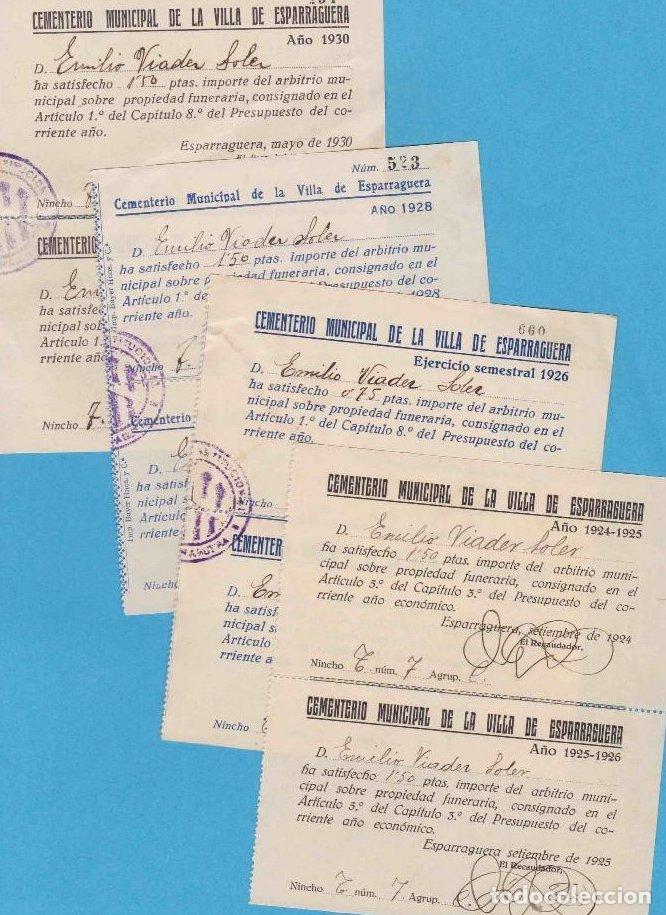 Factures anciennes: 8 RECIBOS DE A&Ntilde;OS CONSECUTIVOS. CEMENTERIO MUNICIPAL DE LA VILLA DE ESPARRAGUERA. 1924 A 1931