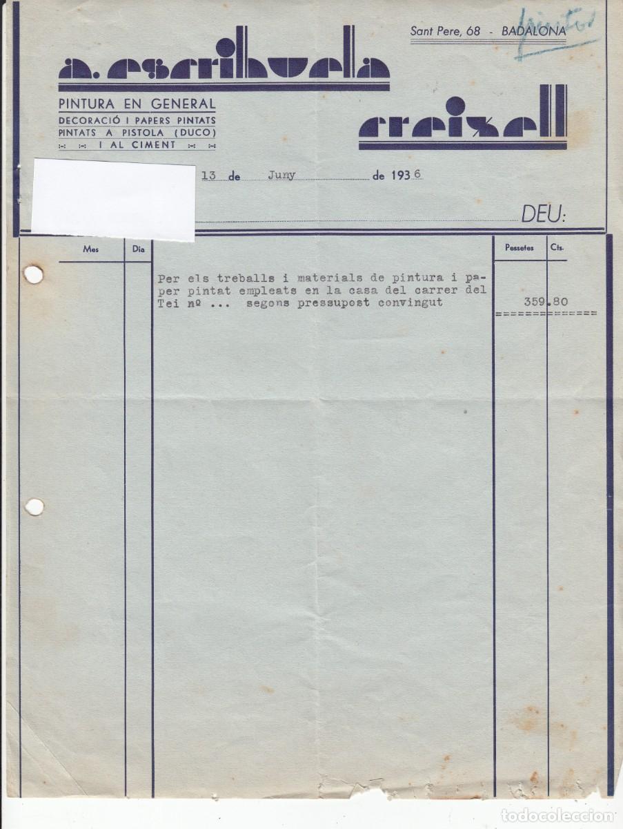 Facturas antiguas: 1936 - FACTURA COMERCIAL DE A. ESCRIHUELA CREIXELL EN BADALONA