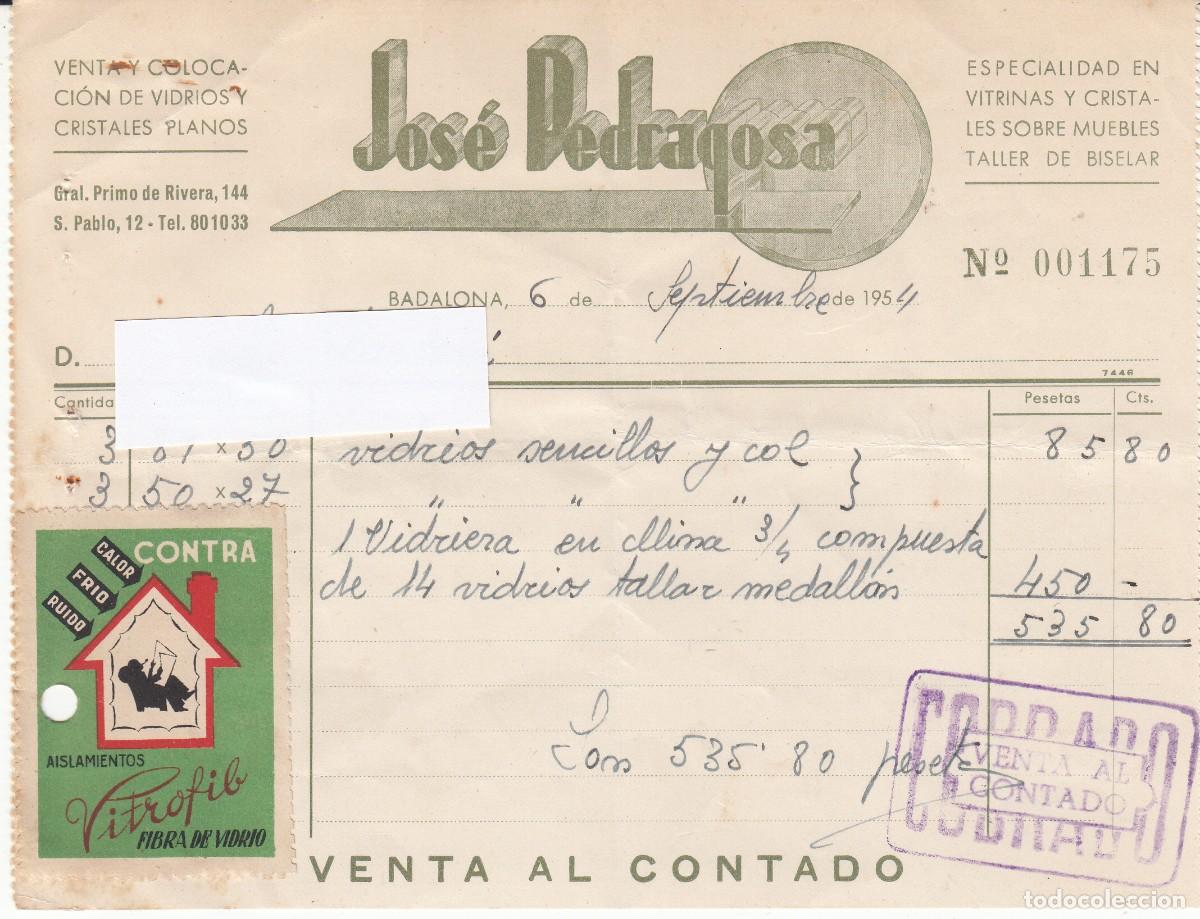 Facturas antiguas: 1954 - RECIBO COMERCIAL DE JOSE PEDRAGOSA EN BADALONA - CON VI&Ntilde;ETA