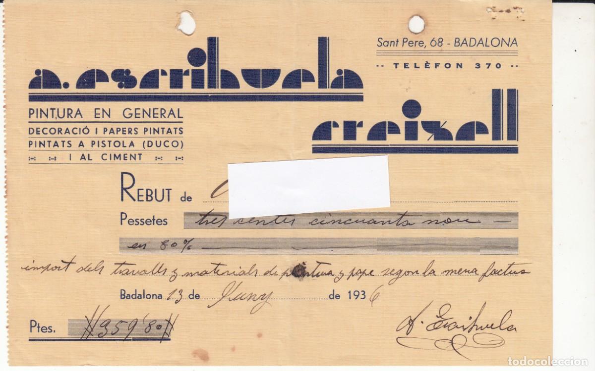 Facturas antiguas: 1936 - RECIBO COMERCIAL DE A. ESCRIHUELA CREIXELL EN BADALONA