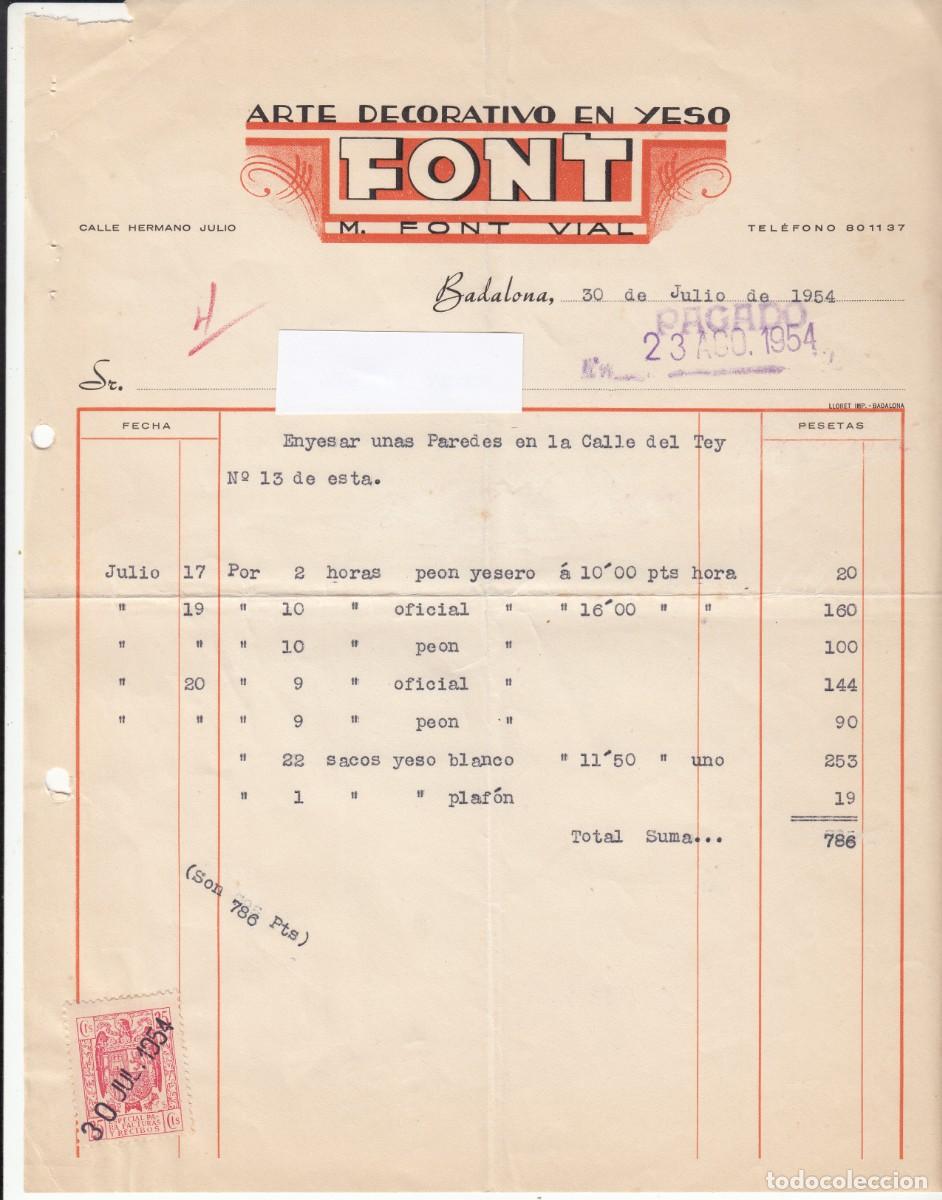 Facturas antiguas: 1954- FACTURA COMERCIAL DE ARTE DECORATIVO EN YESO FONT EN BADALONA