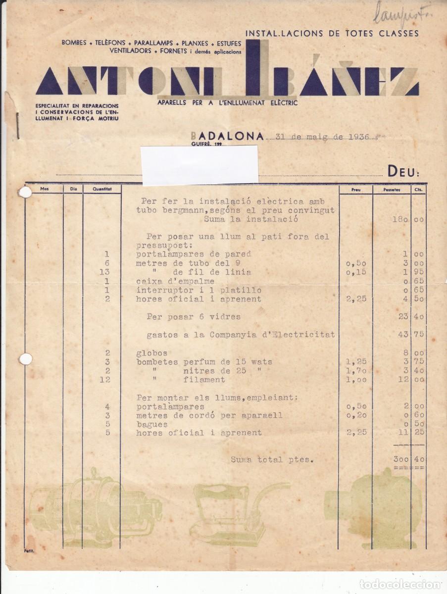 Facturas antiguas: 1936- FACTURA COMERCIAL DE INSTAL.LACIONS ANTONI IBA&Ntilde;EZ EN BADALONA