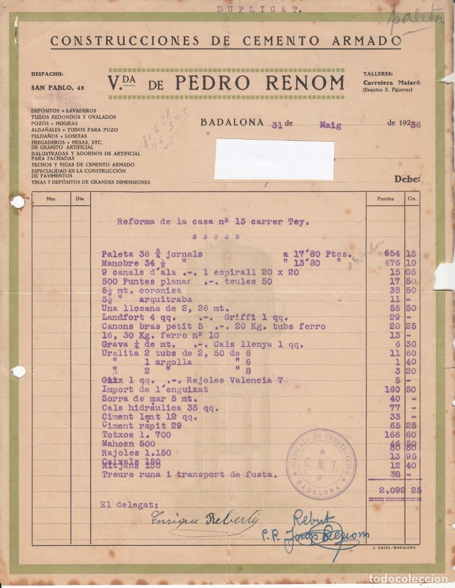 Facturas antiguas: PRE - GUERRA CIVIL 1936- FACTURA COMERCIAL DE CONST- VDA . DE PEDRO RENOM -CON SELLO CNT - VER DORSO