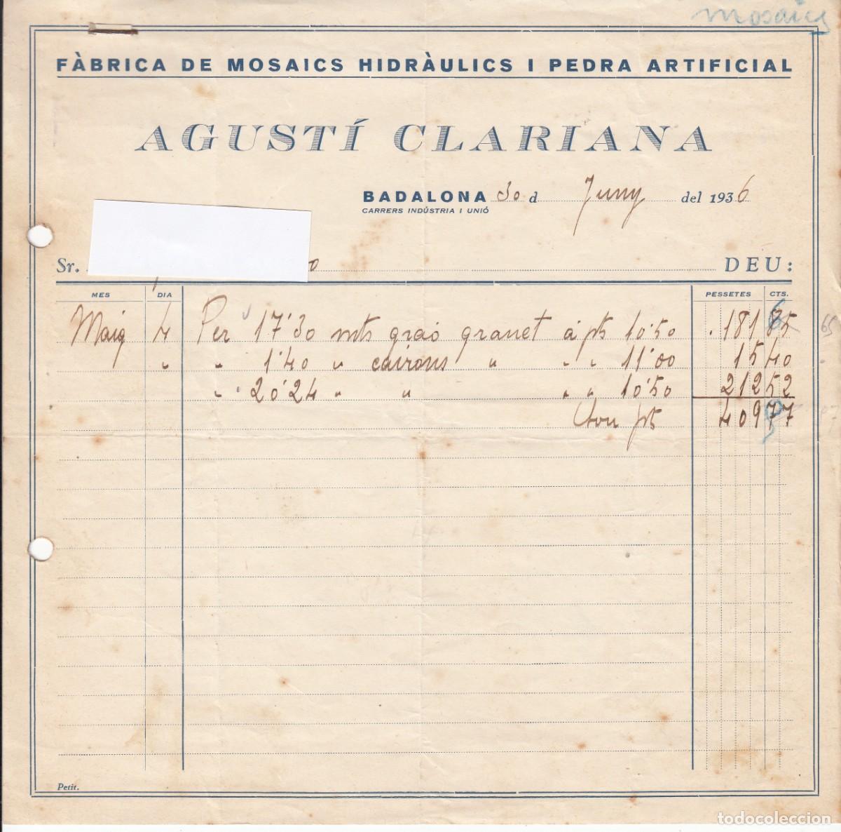 Facturas antiguas: PRE - GUERRA CIVIL 1936- FACTURA COMERCIAL DE MOSAICS AGUST&Iacute; CLARIANA EN BADALONA