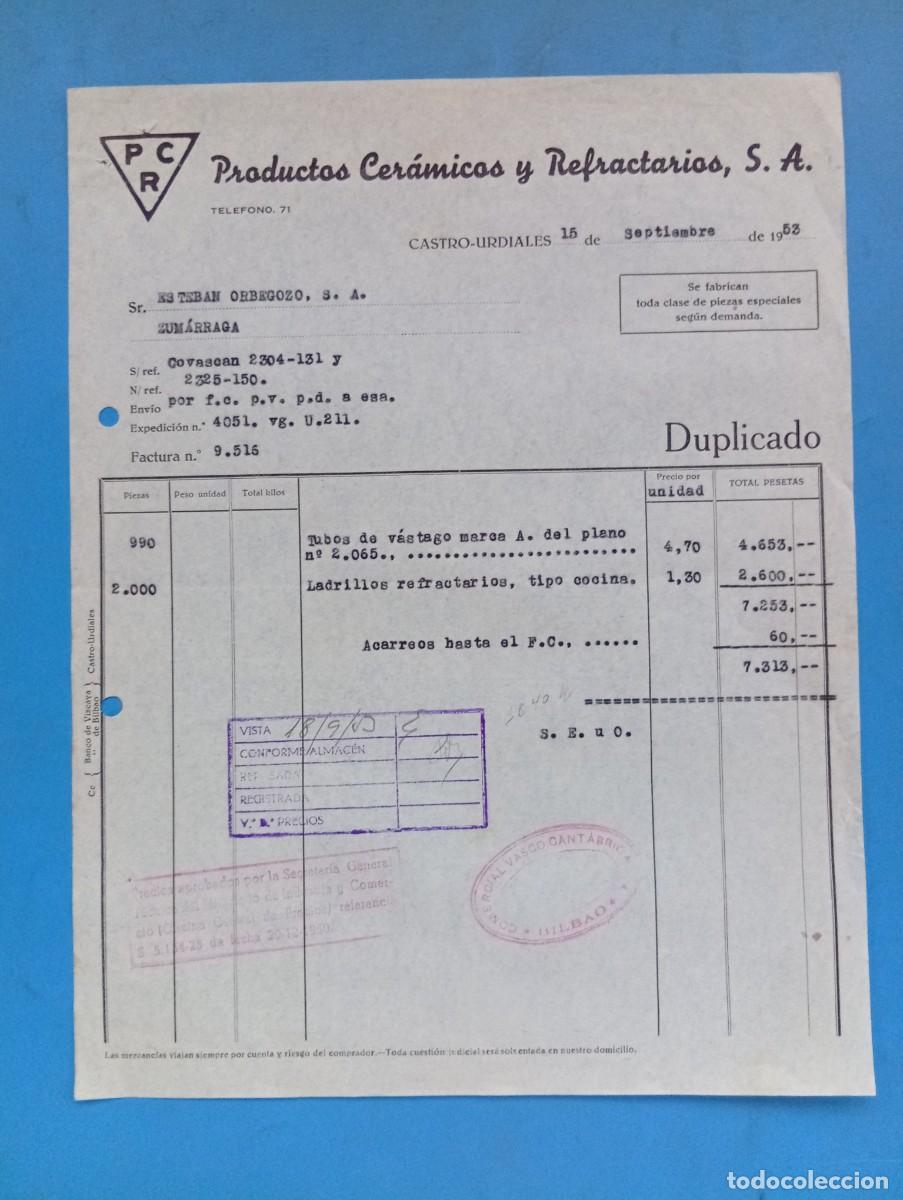 Facturas antiguas: FACTURA. CASTRO-URDIALES. 1953. PRODUCTOS CERAMICOS Y REFRACTARIOS, S.A.