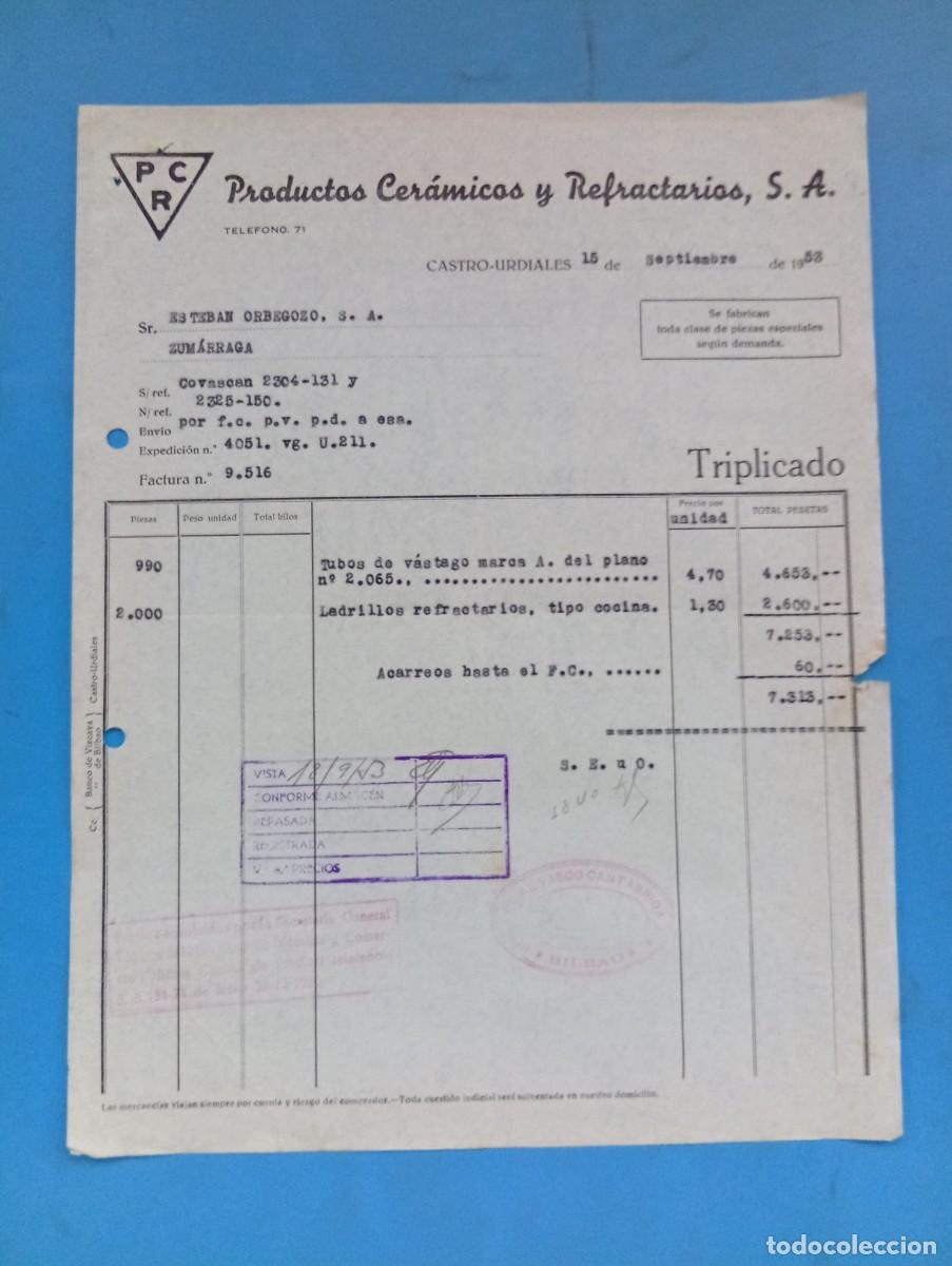 Facturas antiguas: FACTURA. CASTRO-URDIALES. 1953. PRODUCTOS CERAMICOS Y REFRACTARIOS, S.A.