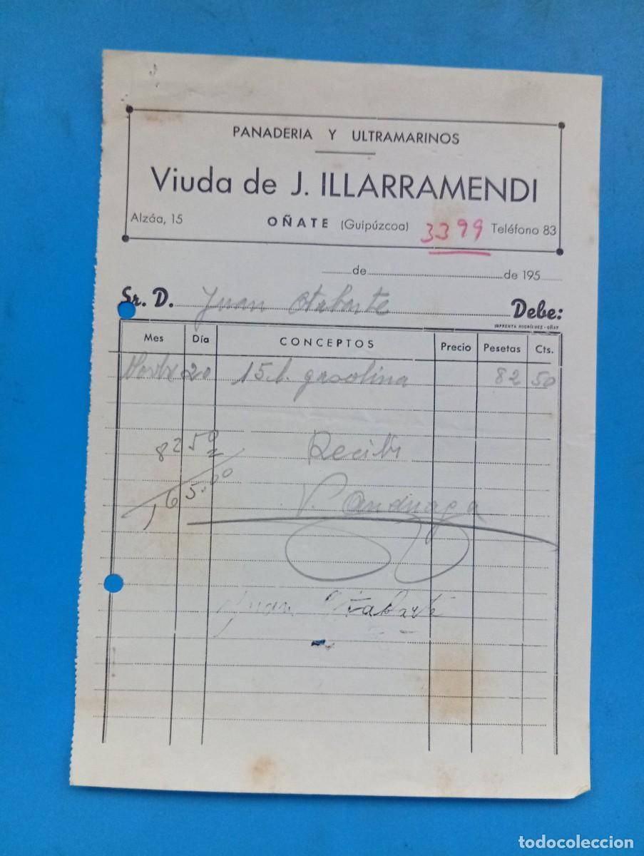 Facturas antiguas: FACTURA. O&Ntilde;ATE, GUIPUZCOA. PANADERIA Y ULTRAMARINOS. VIUDA DE J. ILLARRAMENDI.