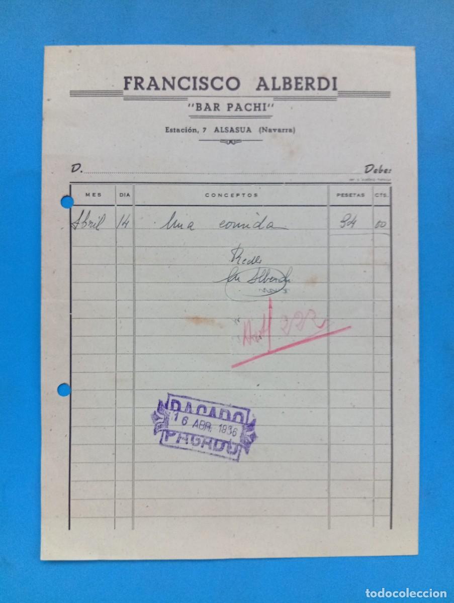Facturas antiguas: FACTURA. ALSASUA, NAVARRA. 1956. BAR PACHI. FRANCISCO ALBERDI.