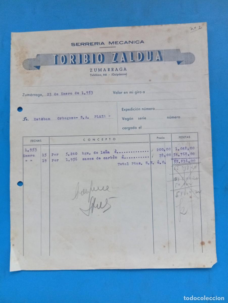 Facturas antiguas: FACTURA. ZUMARRAGA, GUIPUZCOA. 1953. SERRERIA MECANICA. TORIBIO ZALDUA.