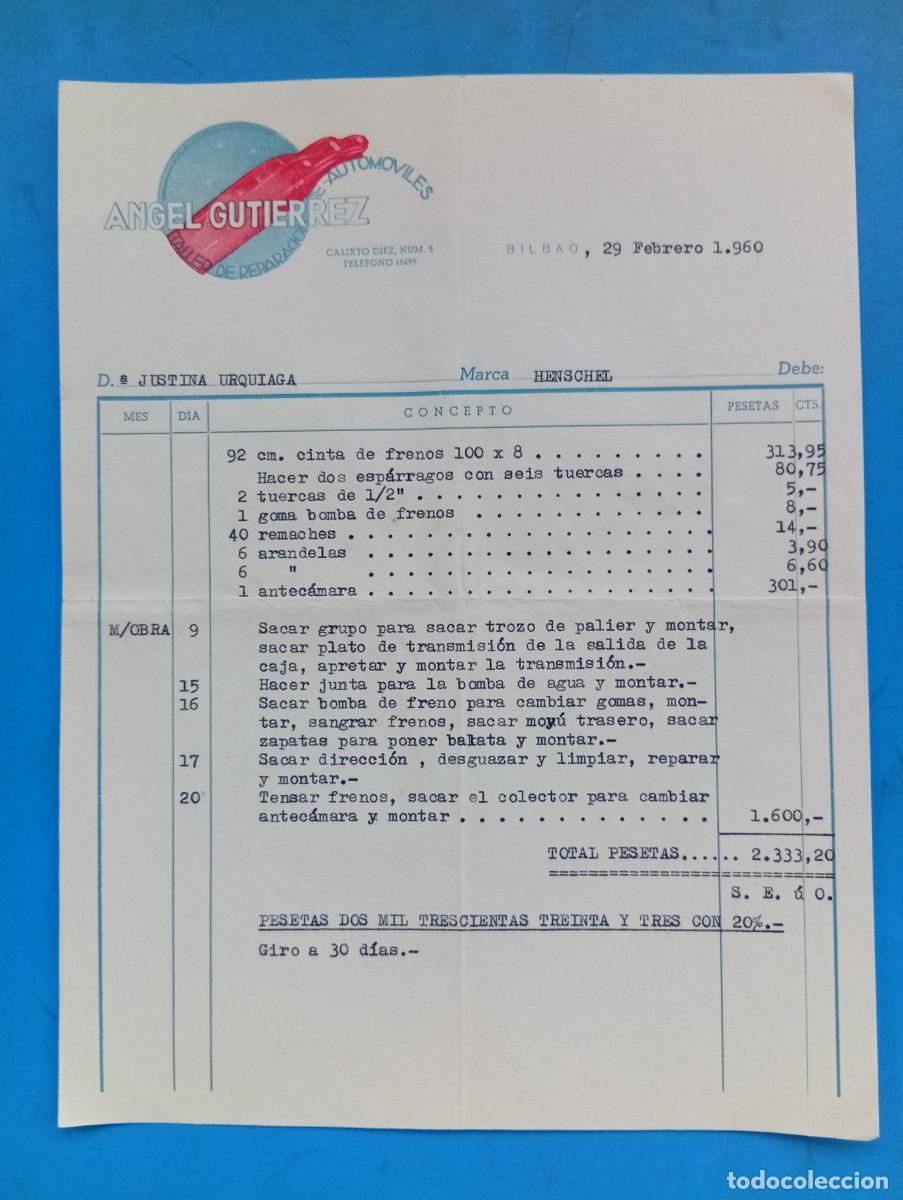 Facturas antiguas: FACTURA. BILBAO. 1960. TALLER DE REPARACIONES DE AUTOMOVILES. ANGEL GUTIERREZ.