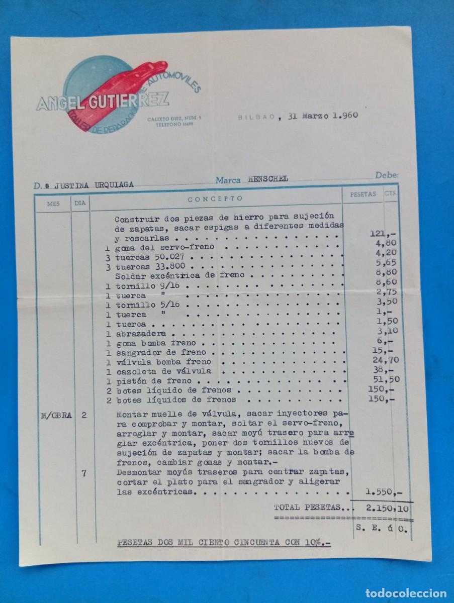 Facturas antiguas: FACTURA. BILBAO. 1960. TALLER DE REPARACIONES DE AUTOMOVILES. ANGEL GUTIERREZ.