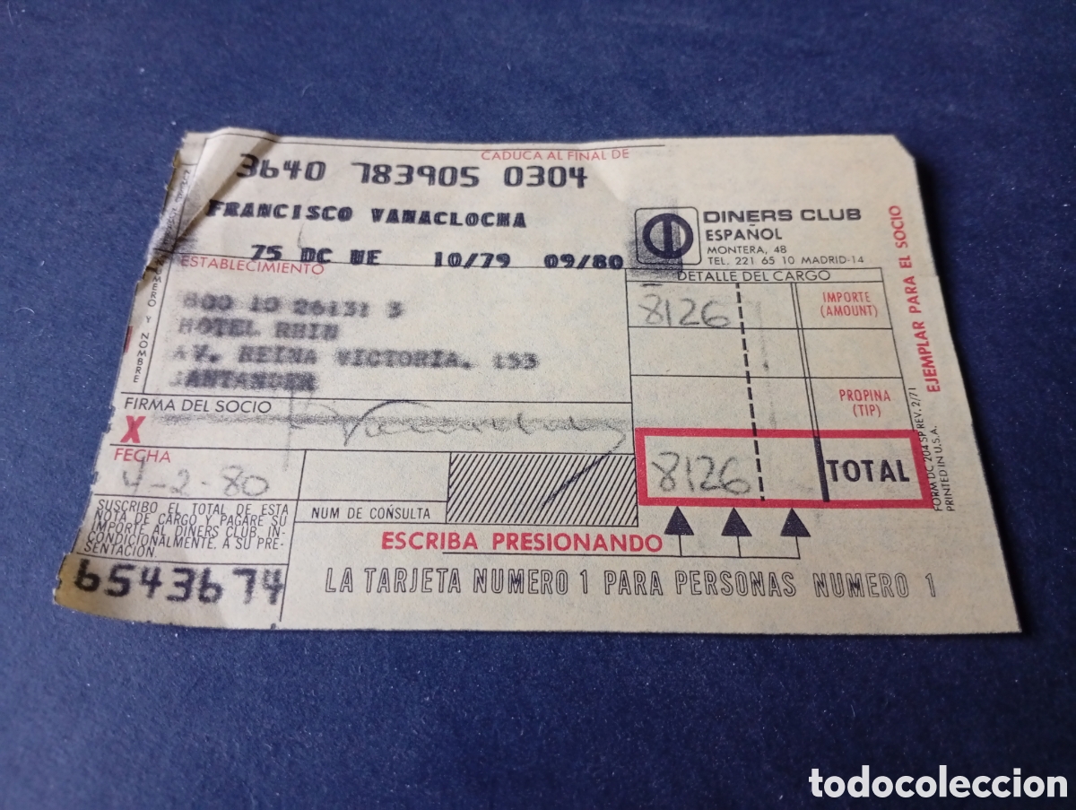Facturas antiguas: Resguardo recibo Diners Club, Hotel RHIN, Santander