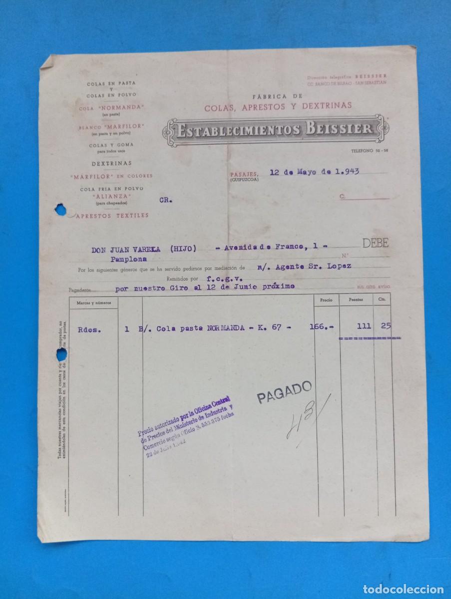 Facturas antiguas: FACTURA. PASAJES, GUIPUZCOA. 1943. FABRICA DE COLAS-APRESTOS-DEXTRINAS. ESTABLECIMIENTOS BEISSIER.