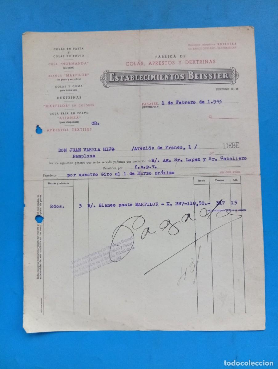 Facturas antiguas: FACTURA. PASAJES, GUIPUZCOA. 1943. FABRICA DE COLAS-APRESTOS-DEXTRINAS. ESTABLECIMIENTOS BEISSIER.