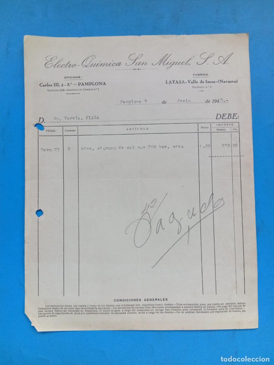 Facturas antiguas: FACTURA. LATASA-VALLE DE IMOZ, NAVARRA. 1943. ELECTRO-QUIMICA SAN MIGUEL, S.A.