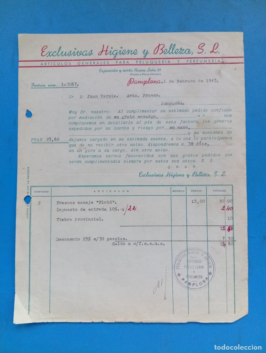 Facturas antiguas: FACTURA. PAMPLONA. 1943. ARTICULOS PARA PELUQUERIA-PERFUMERIA. EXCLUSIVAS HIGIENE Y BELLEZA, S.L.