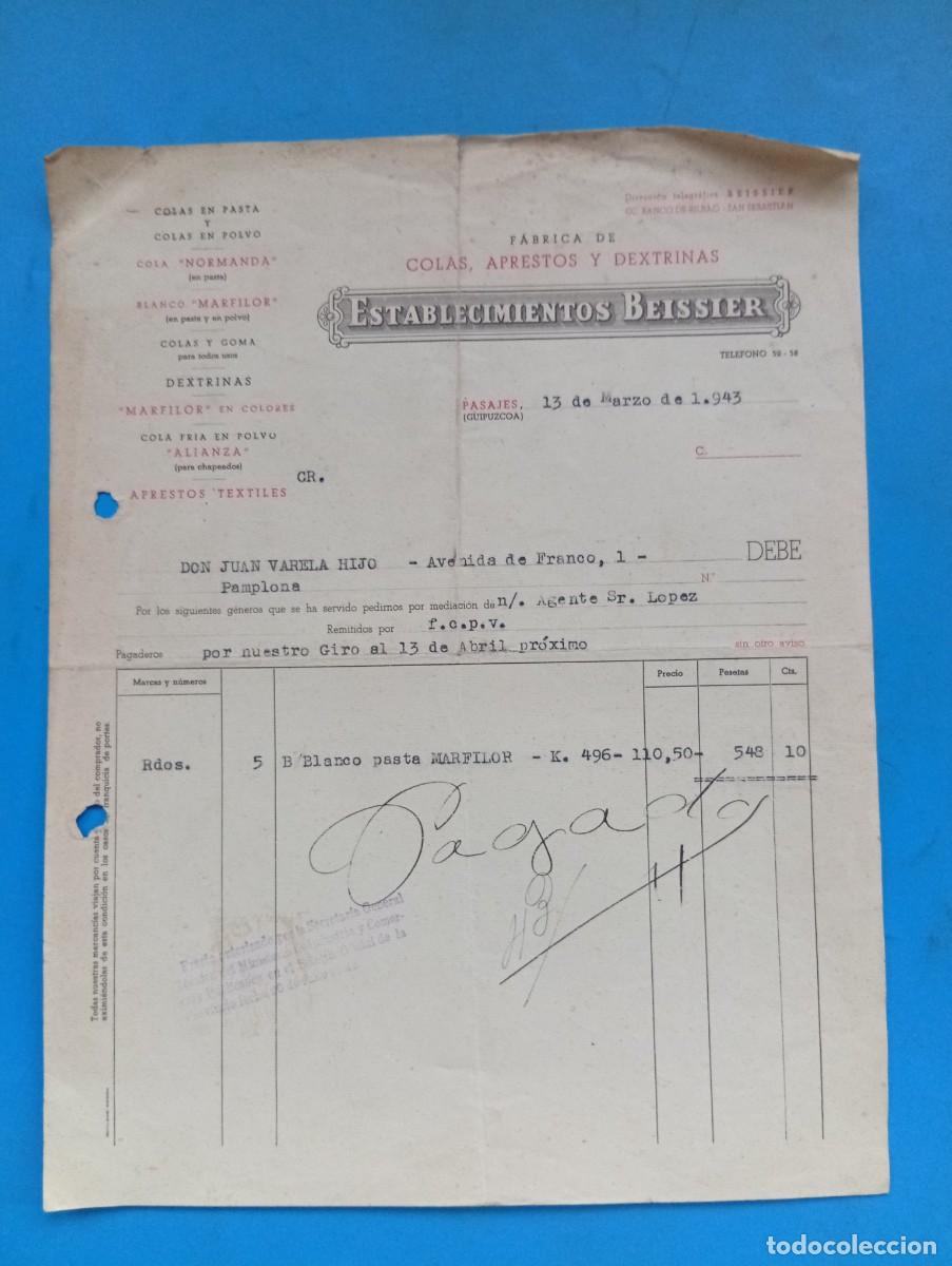 Facturas antiguas: FACTURA. PASAJES, GUIPUZCOA. 1943. FABRICA DE COLAS-APRESTOS-DEXTRINAS. ESTABLECIMIENTOS BEISSIER.
