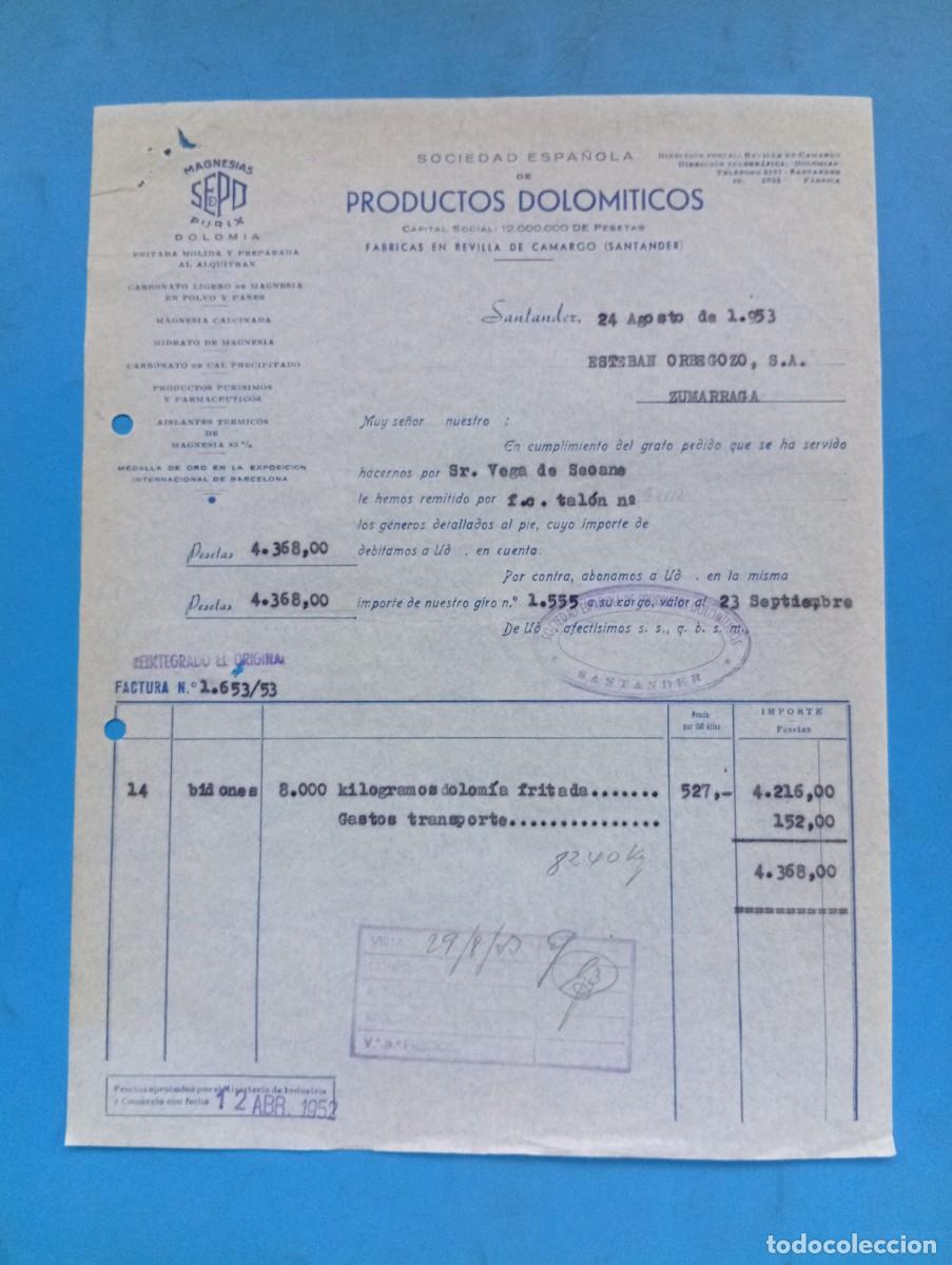 Facturas antiguas: FACTURA. SANTANDER. 1953. SOCIEDAD ESPA&Ntilde;OLA DE PRODUCTOS DOLOMITICOS.