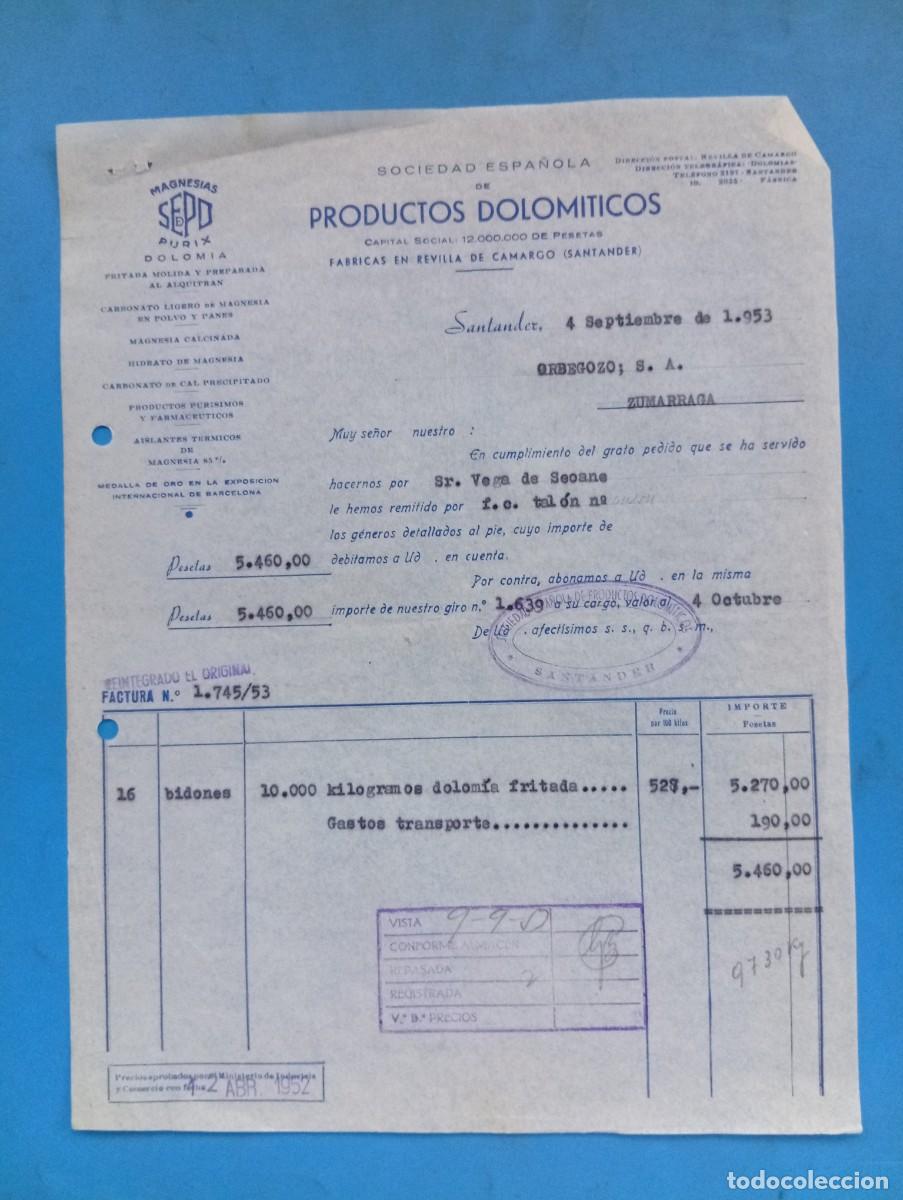 Facturas antiguas: FACTURA. SANTANDER. 1953. SOCIEDAD ESPA&Ntilde;OLA DE PRODUCTOS DOLOMITICOS.